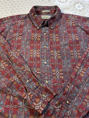 Bill Blass Mens XL Button Front Shirt Red Geometric Pattern Long Sleeve Cotton